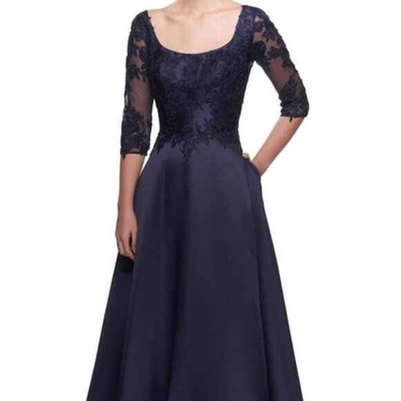 La Femme Navy Blue 3/4-sleeve A-line Mikado Gown With Lace Applique